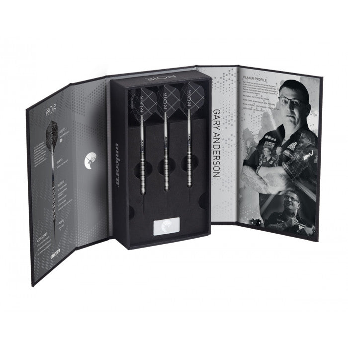 Three 90% tungsten darts in open display box with player profile and packaging detailing, ideal for collectors and serious dart players