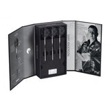 Three 90% tungsten darts in open display box with player profile and packaging detailing, ideal for collectors and serious dart players