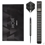 Tungsten dart set with black packaging, full dart view, and close-up of precision-milled barrel grip pattern