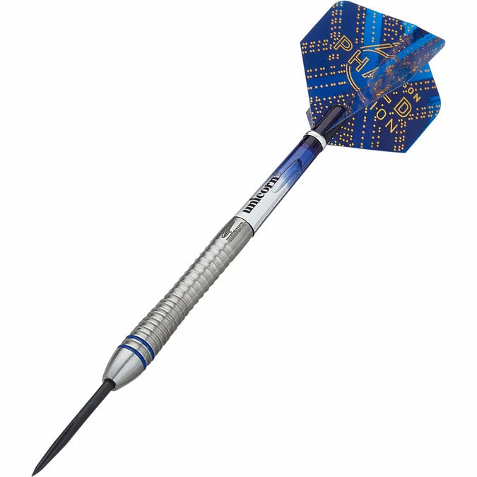 Steel-tip tungsten dart at an angle on white background, knurled grip barrel, blue phase 6 flight, ideal for advanced dart players