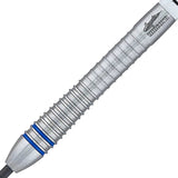 Close-up of 90% tungsten dart barrel with precision grip rings and blue accents, ideal for players seeking enhanced dart control