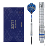 Gary Anderson World Champion tungsten dart with blue packaging, precision groove barrel close-up, and full assembled dart isolated on white