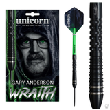 Gary Anderson Wraith 90% tungsten dart in retail packaging, full dart on white, and macro close-up on grip texture