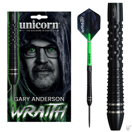 Gary Anderson Wraith 90% tungsten dart in retail packaging, full dart on white, and macro close-up on grip texture