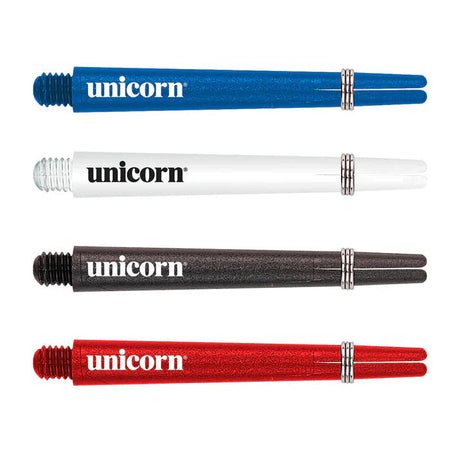 Four Gripper 3 dart shafts in blue, white, black, and red, arranged side by side on white background, showing threaded bases and grip rings