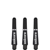 Triple pack of black Gripper 4 dart shafts with silver rings, standard length, isolated on white background