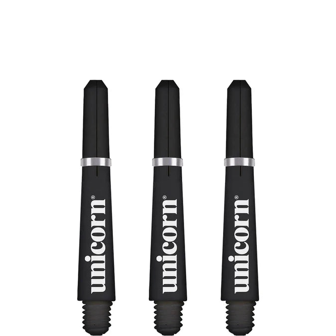 Three black dart shafts with visible threading, silver rings, and bold white shaft branding isolated on white background