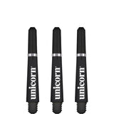 Three black dart shafts with visible threading, silver rings, and bold white shaft branding isolated on white background