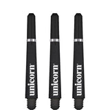 Three black dart shafts with silver rings, full front view, isolated on white for dart accessories display