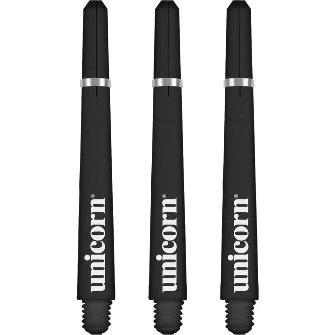 Three black dart shafts with silver rings, threaded bases, and bold shaft branding, isolated on white background