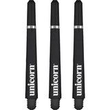 Three black dart shafts with silver rings, threaded bases, and bold shaft branding, isolated on white background