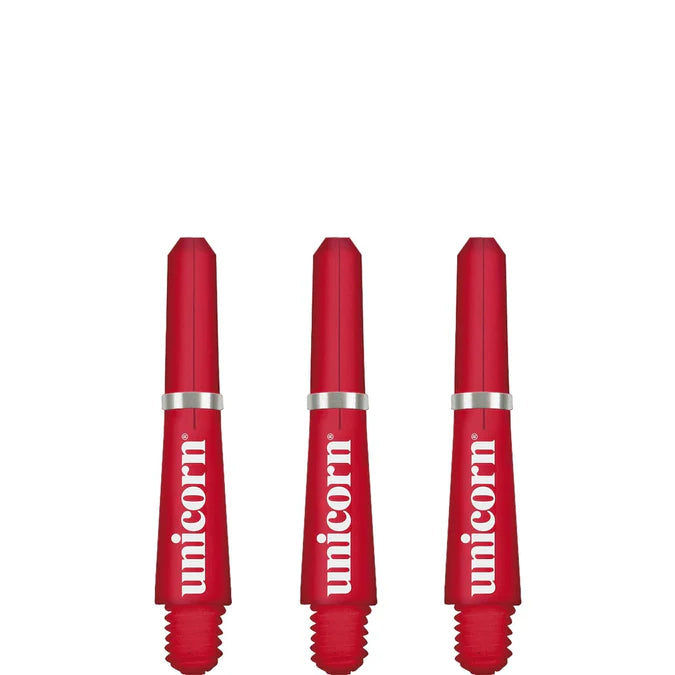 red dart shafts set of three with silver retaining rings, full product view on white background, threaded tips displayed