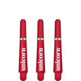 Three red dart shafts with metal rings and bold printed logo, full view on white background, replacement stems for darts