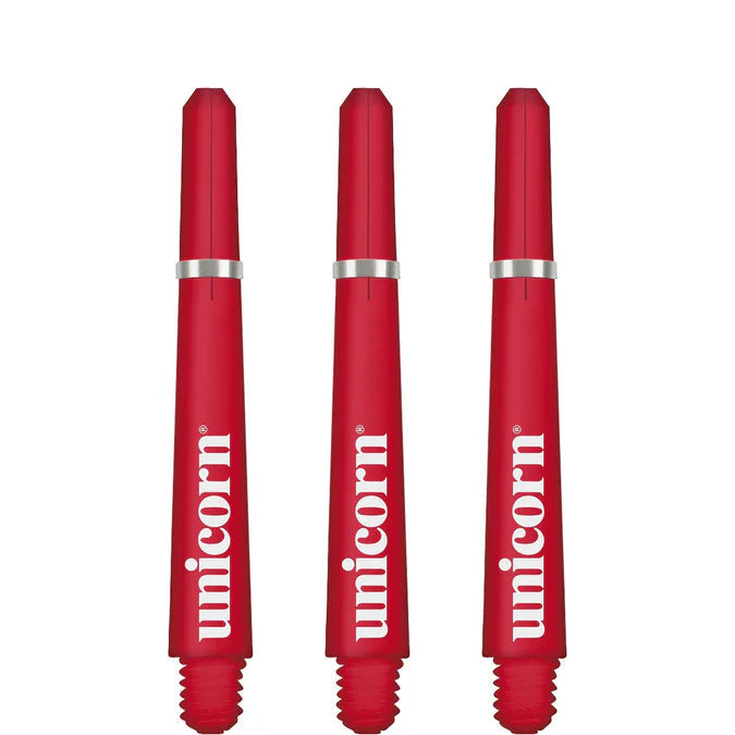 Three red dart shafts with silver rings and threaded tips displayed upright on white background for dart setup