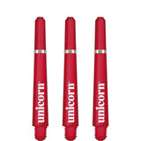 Three red dart shafts with silver rings and threaded tips displayed upright on white background for dart setup