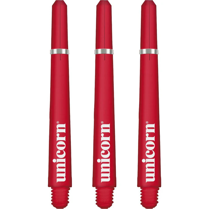 Three red dart shafts with silver collars displayed upright on white background, highlighting threaded base and grip detail.