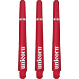 Three red dart shafts with silver collars displayed upright on white background, highlighting threaded base and grip detail.