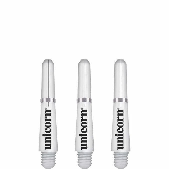 Three white dart shafts with threaded ends and clear branding, full front view, isolated on white background, replacement dart stems