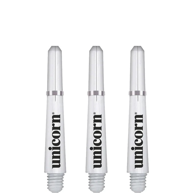 Three white dart shafts with threaded tips and black lettering, displayed side by side on a white background