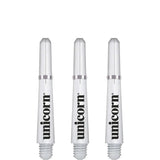 Three white dart shafts with threaded tips and black lettering, displayed side by side on a white background