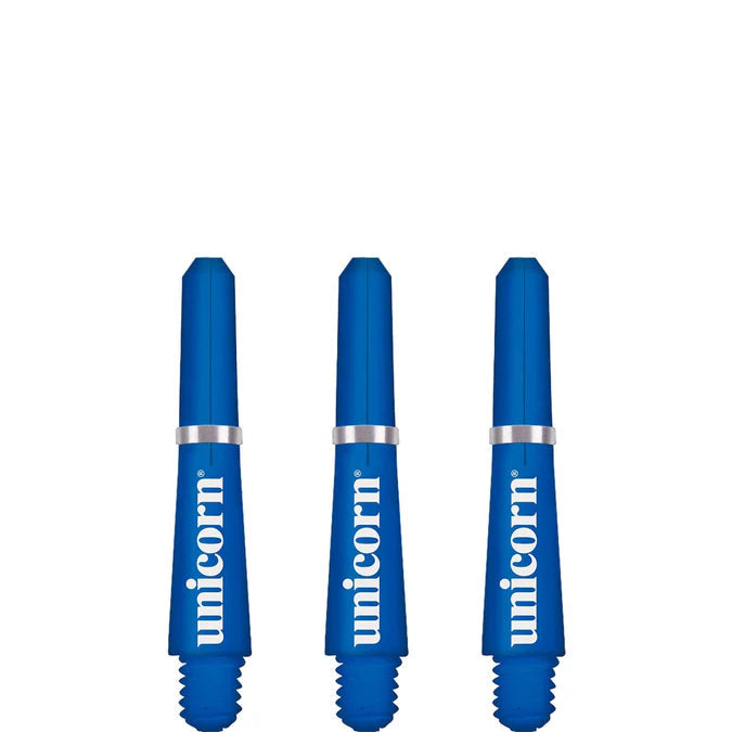 Three blue dart shafts with silver rings, isolated on white, threaded bases and upright display for dart setup