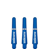 Three blue dart shafts with silver rings, isolated on white, threaded bases and upright display for dart setup