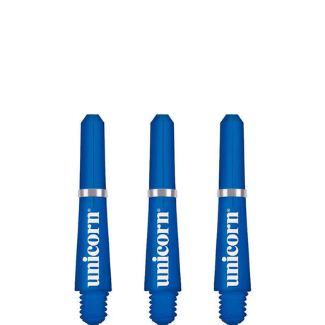 Three blue dart shafts with silver rings, isolated on white, threaded bases and upright display for dart setup