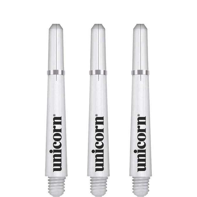 Three white dart shafts with grip rings and threaded ends, full product view on white background