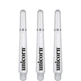 Three white dart shafts with grip rings and threaded ends, full product view on white background