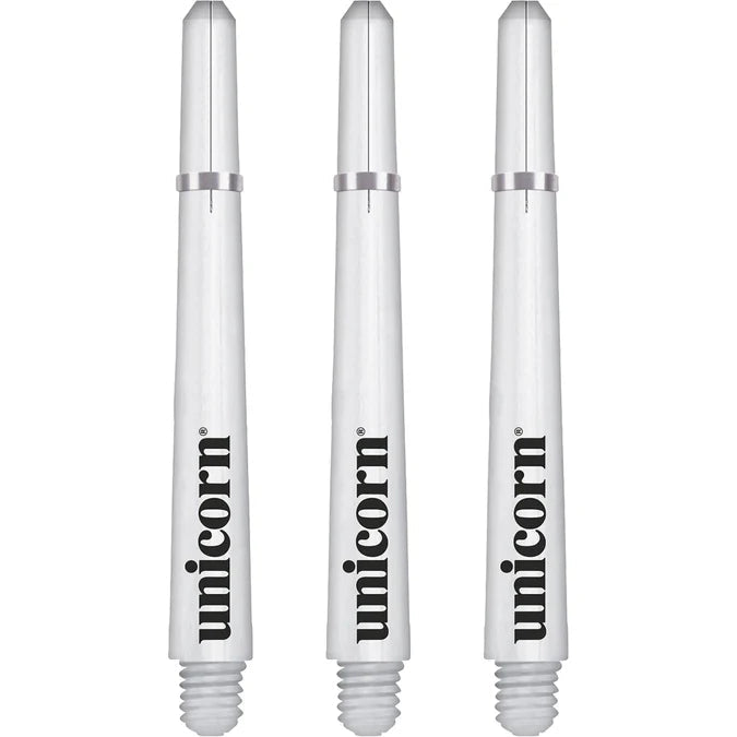 Three white dart shafts isolated on white background, displaying threaded base and straight profile for dart assembly