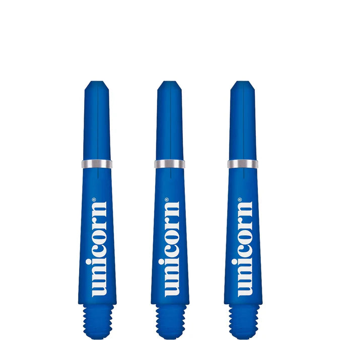Three blue dart shafts with silver rings arranged vertically on white background for dart setup