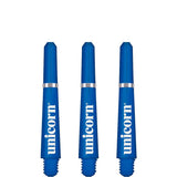 Three blue dart shafts with silver rings arranged vertically on white background for dart setup