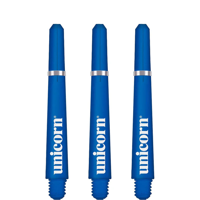 Three blue dart shafts with silver rings arranged upright, isolated on white background, showing grip threads and smooth barrel design
