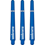 Three blue dart shafts with silver rings, threaded ends, and clear grip detail, isolated on white background