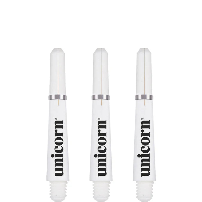 Three white Gripper 4 dart shafts aligned vertically, full length view on white background, showing thread and locking rings