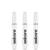 Three white Gripper 4 dart shafts aligned vertically, full length view on white background, showing thread and locking rings