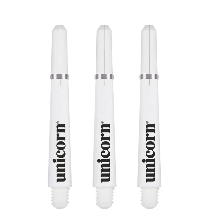 Three white dart shafts with silver rings, vertical arrangement, isolated on white background, focus on threaded tips and flight slots