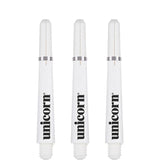 Three white dart shafts with silver rings, vertical arrangement, isolated on white background, focus on threaded tips and flight slots