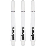 Three white dart shafts with silver locking rings displayed vertically on white background for dart equipment