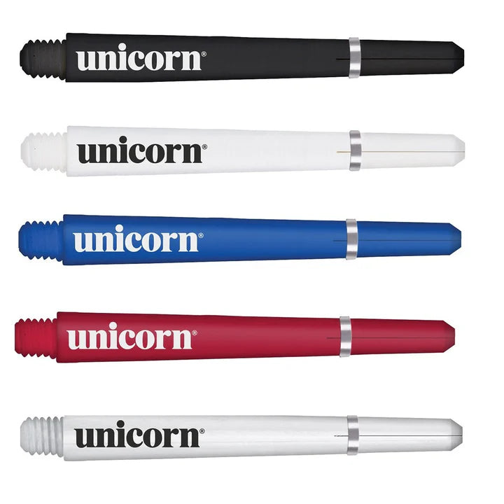 Five Gripper 4 dart shafts in black, white, blue, red, and clear, full length side view on white background showing threaded ends