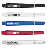 Five Gripper 4 dart shafts in black, white, blue, red, and clear, full length side view on white background showing threaded ends