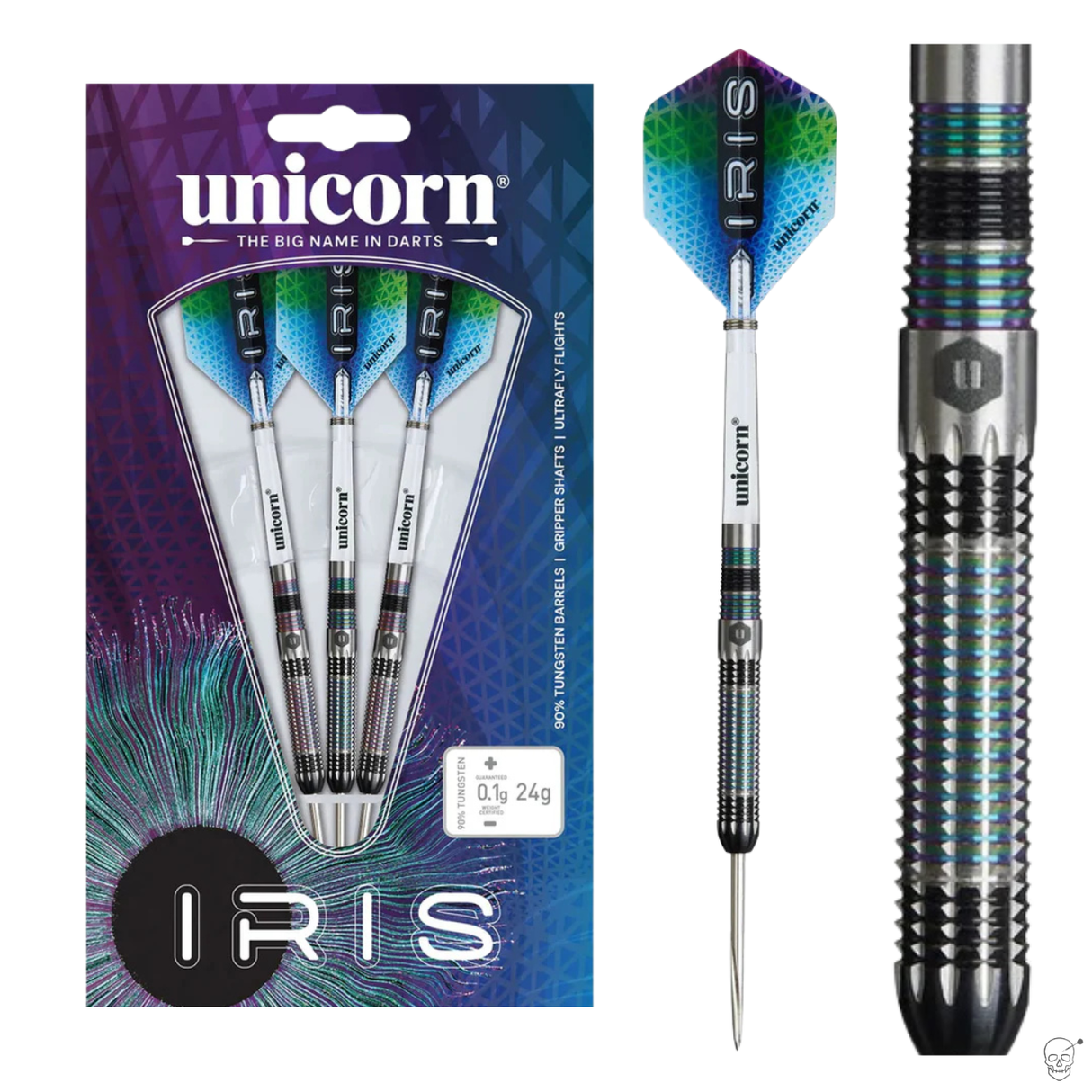 Retail packaging with three 90% tungsten darts, close-up of barrel grip, and single full dart highlighting kaleidoscopic flight design
