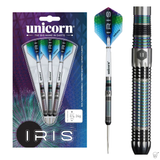 Retail packaging with three 90% tungsten darts, close-up of barrel grip, and single full dart highlighting kaleidoscopic flight design
