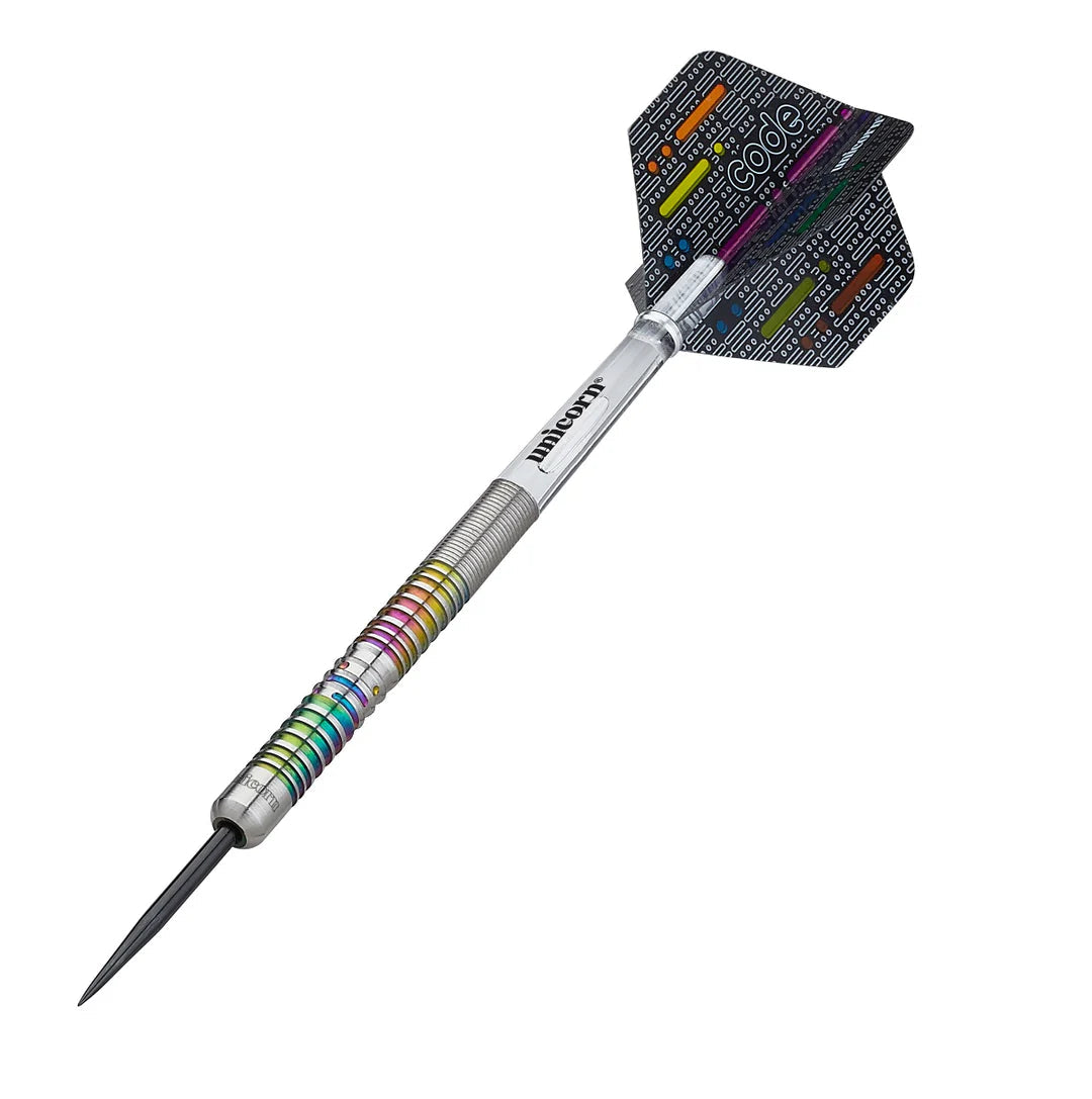 Angled full view tungsten dart with rainbow ringed barrel, precision grip, and patterned code flight on white background