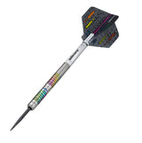 Angled full view tungsten dart with rainbow ringed barrel, precision grip, and patterned code flight on white background