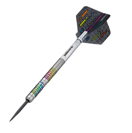 Angled full view tungsten dart with rainbow ringed barrel, precision grip, and patterned code flight on white background