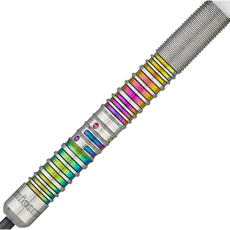 Macro close-up of 90% tungsten dart barrel with precision grip rings and rainbow-colored grooves on white background