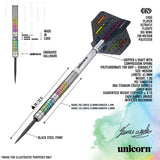 Full view of 90% tungsten darts with DNA titanium coated barrel, close-up grip texture, black steel point, and detailed flight design