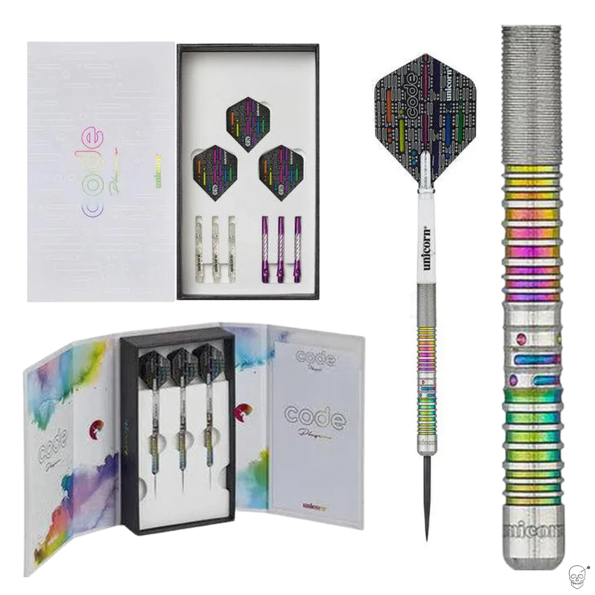 90% tungsten darts set in premium box, close-up of rainbow grip barrel, full assembled dart with Code flights for advanced players
