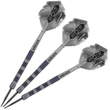 Set of three 90% tungsten darts with black grooved barrels, black points, and patterned Noir flights, fully assembled on white background